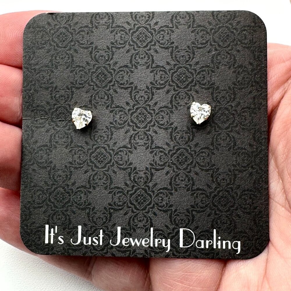 14K Gold Womens Earrings Pierced Cubic Zirconia Heart Studs Gift Idea for Her